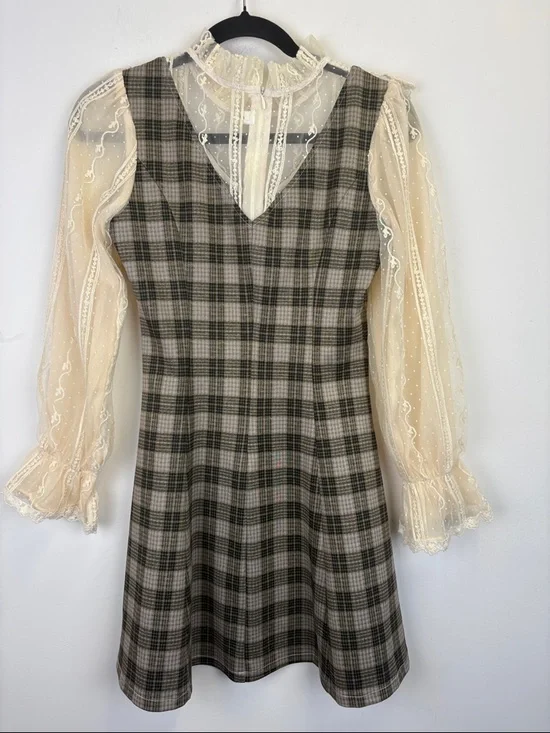 Bec & Xin Plaid Lace Dress Ruffle Collar Cottagecore Romantic Mini Size small - Picture 5 of 8